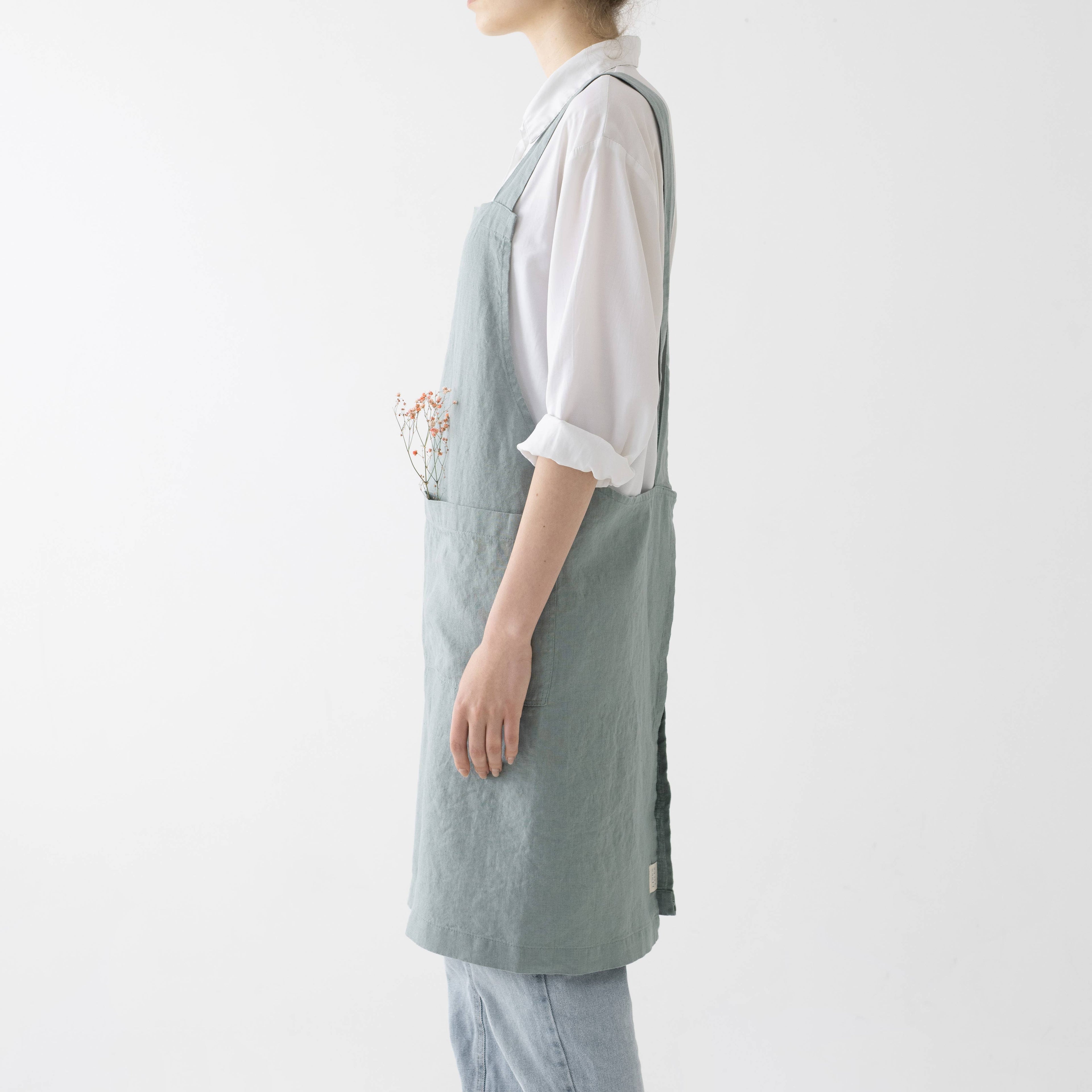 Green Milieu Linen Japanese Crossback Apron