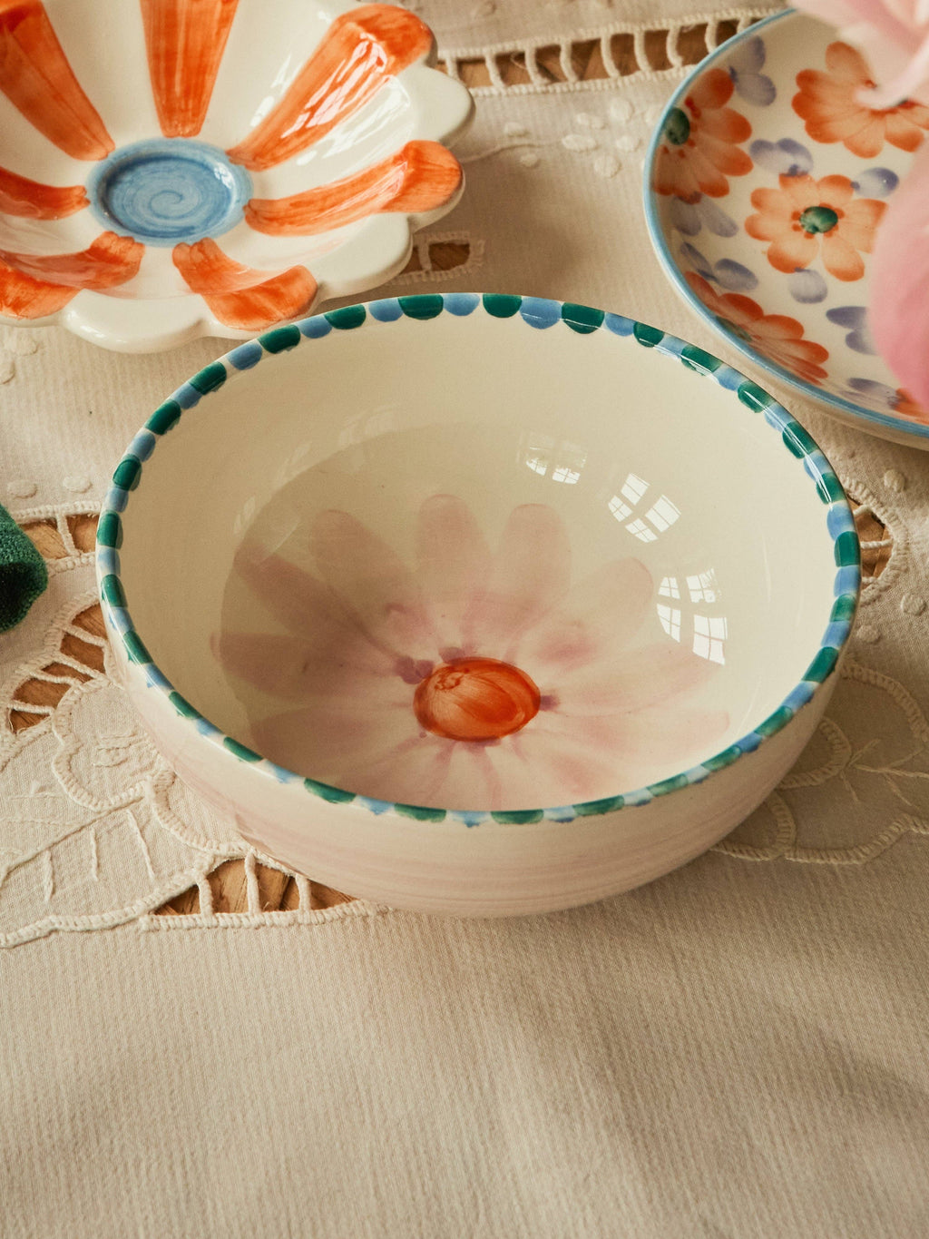 RICE by RICE Ceramic Bowl with Hand Painted Soft Pink Flower - 11.8 oz