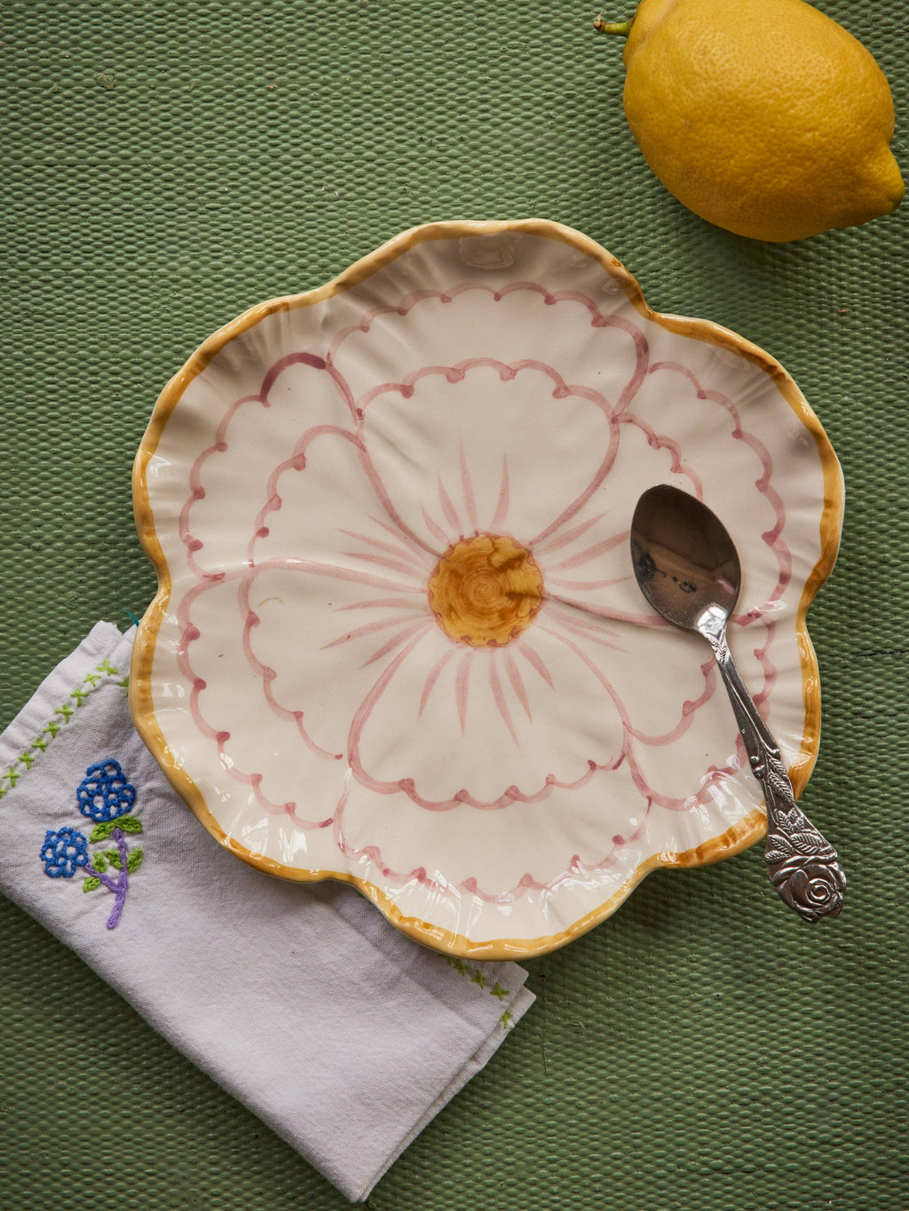RICE by RICE Ceramic Flower Shaped Side Plate with Yellow Border