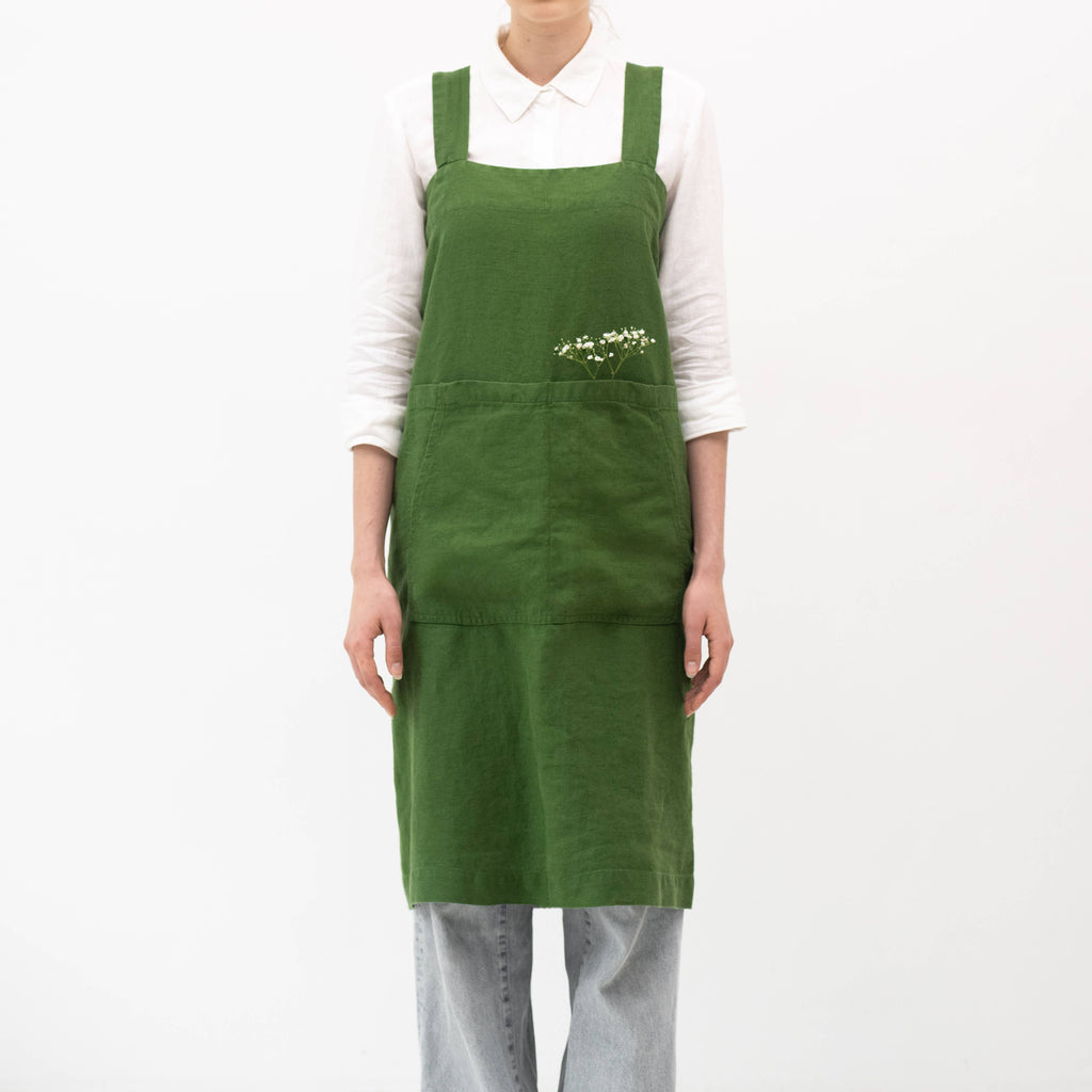 True Green Linen Japanese Pinafore Apron