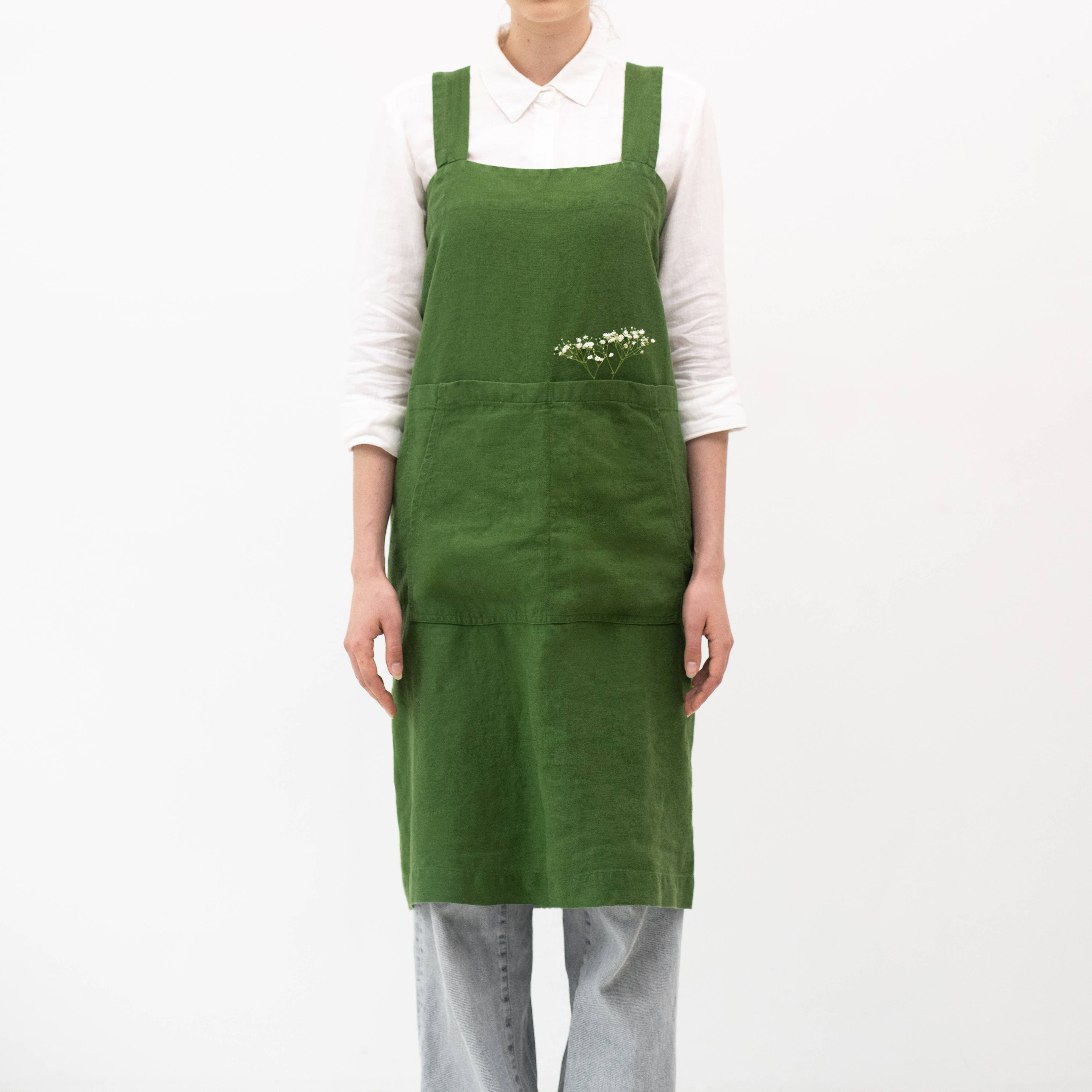 True Green Linen Japanese Pinafore Apron
