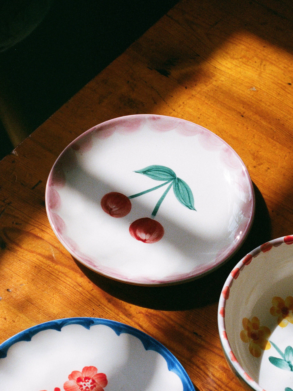 RICE by RICE Ceramic Cake Plate with Hand Painted Cherries