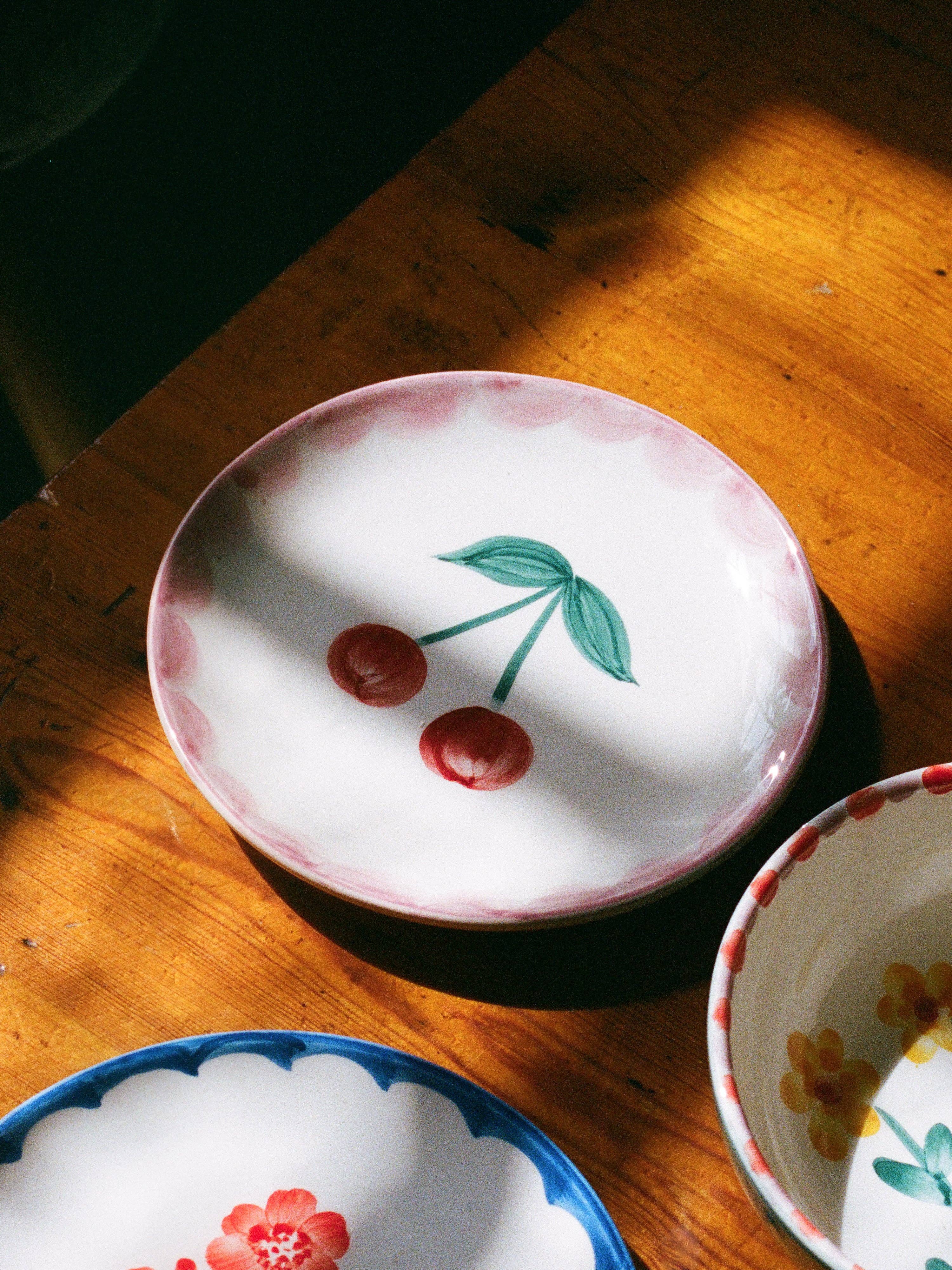 RICE by RICE Ceramic Cake Plate with Hand Painted Cherries