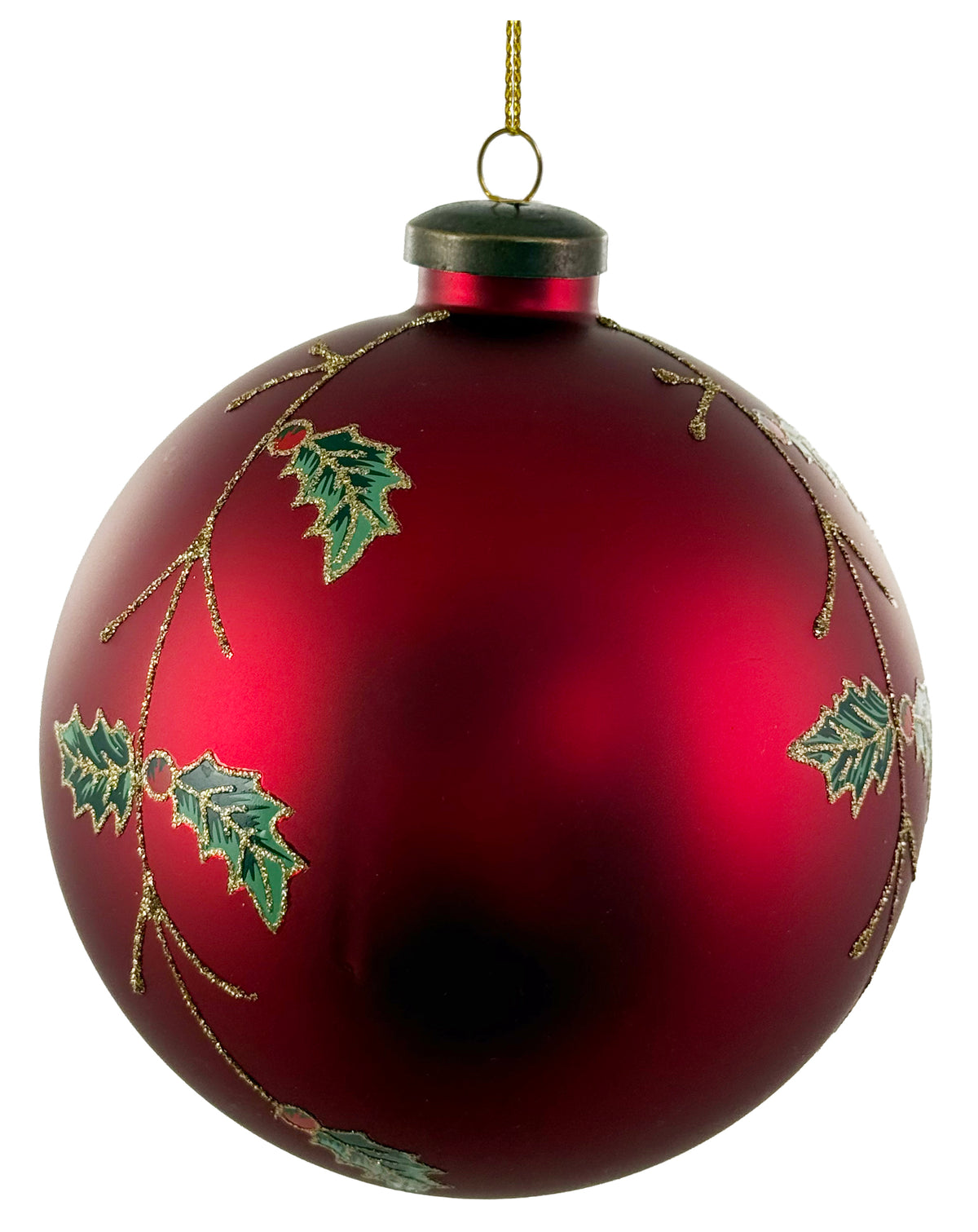 Matte Red Glass Ornament with Glittered Holly
