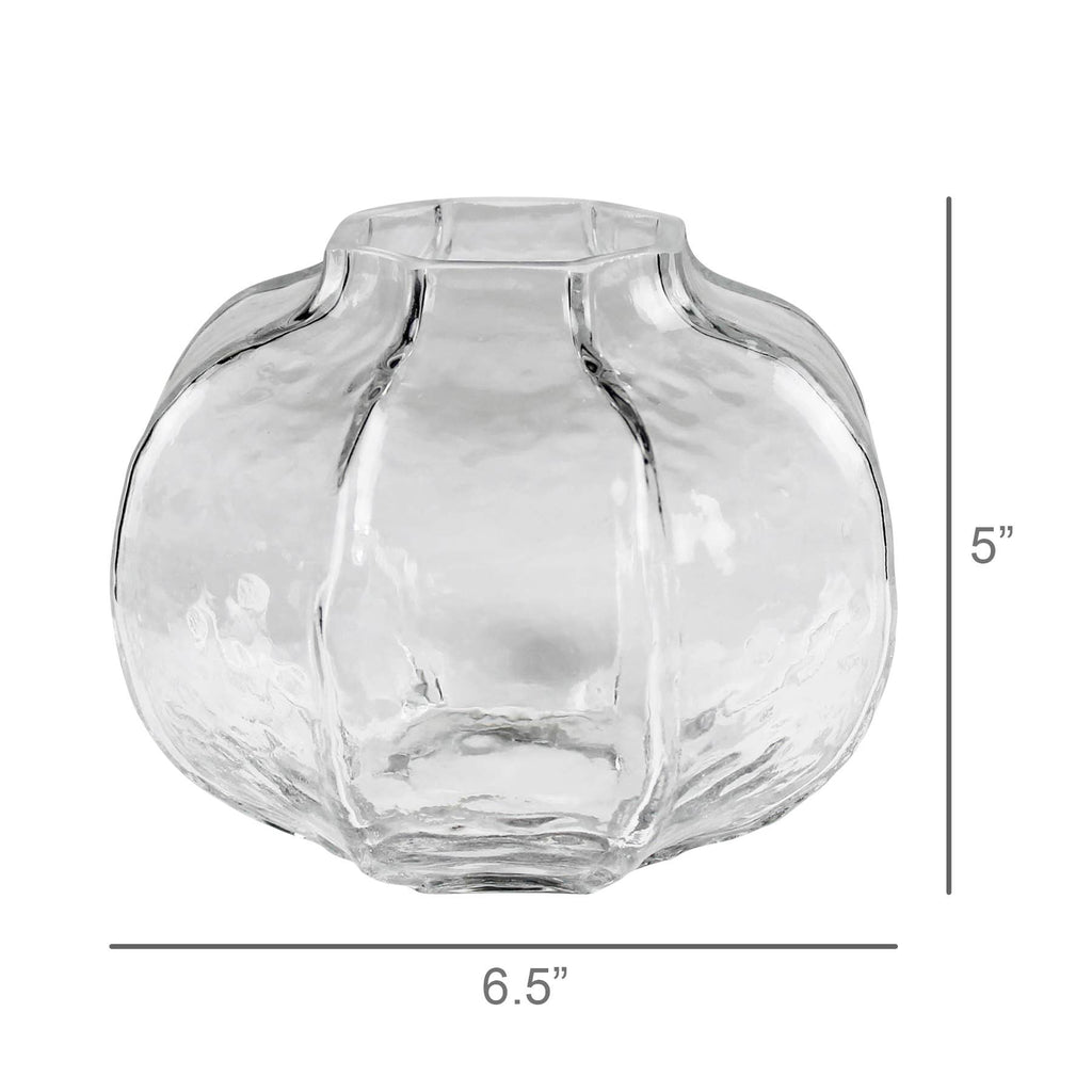 Clear glass vase with dimensions on a white background
