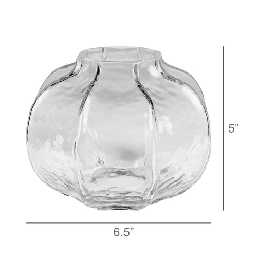 Clear glass vase with dimensions on a white background