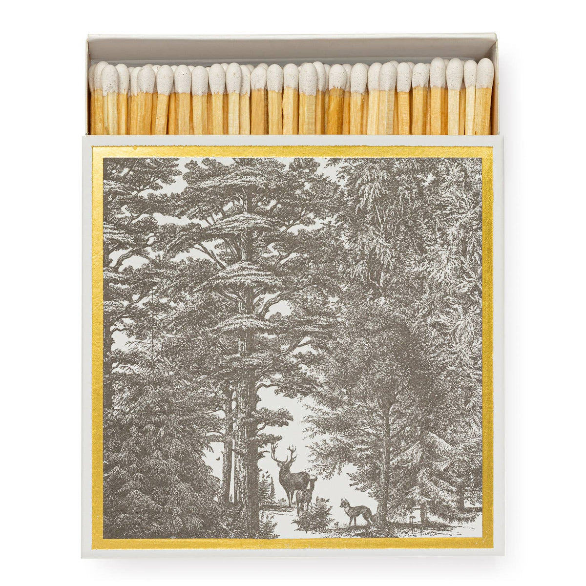 Archivist Matches with a forest design on the box and a gold frame around the design