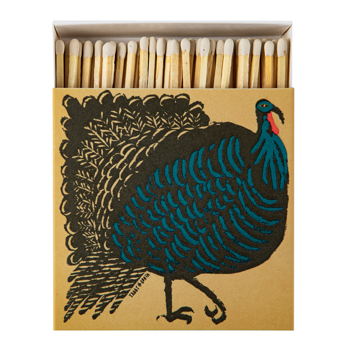 An Archivist matchbox package with a illustrated turkey on a tan background and a row of wooden matches visible in the open top. The turkey artwork is black with bright blue and small red accents.