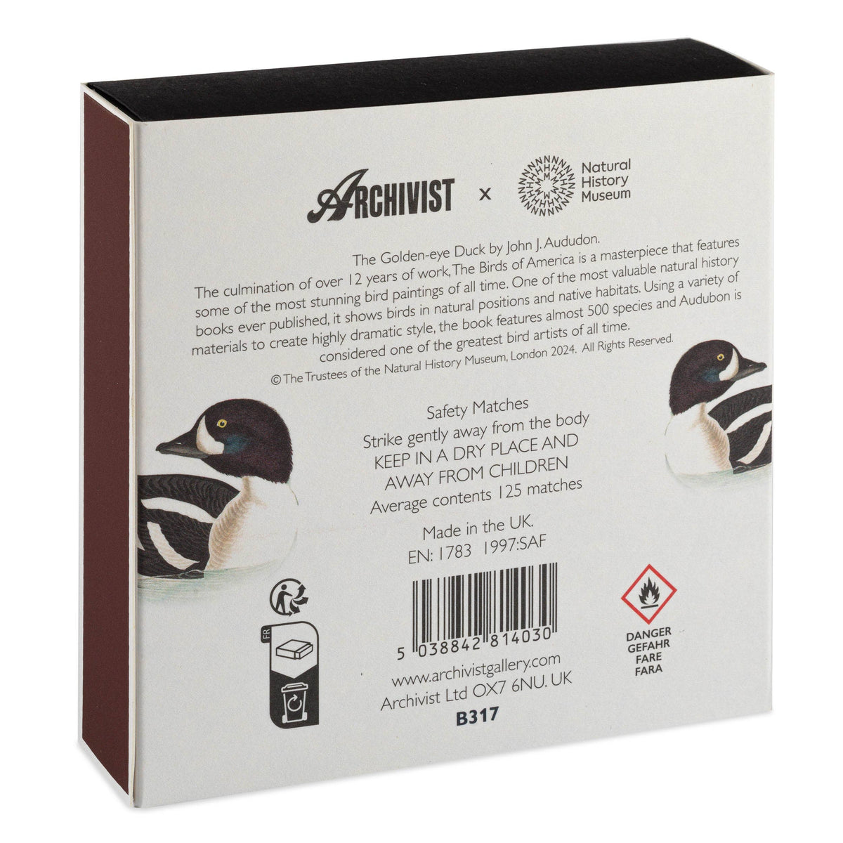 Back of an Archivist square matchbox featuring Archivist and Natural History Museum branding with duck illustrations.