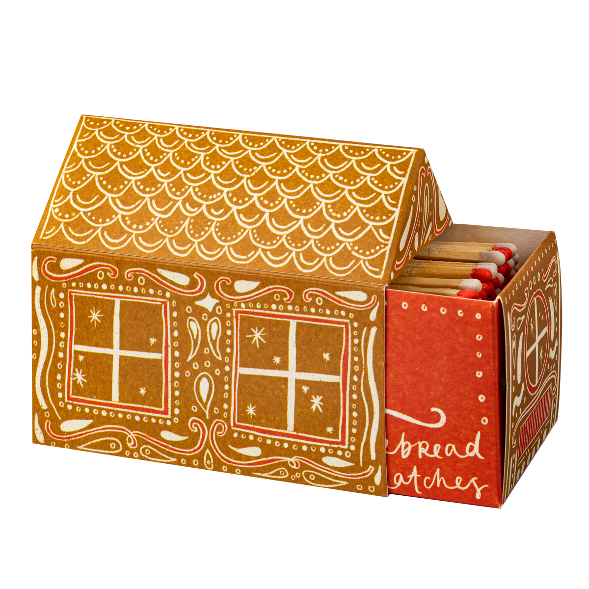 An Archivist gingerbread house-shaped matchbox set with a red side panel labeled 'Gingerbread Matches' and visible wooden matches inside, shown on a plain white background.