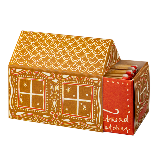 An Archivist gingerbread house-shaped matchbox set with a red side panel labeled 'Gingerbread Matches' and visible wooden matches inside, shown on a plain white background.