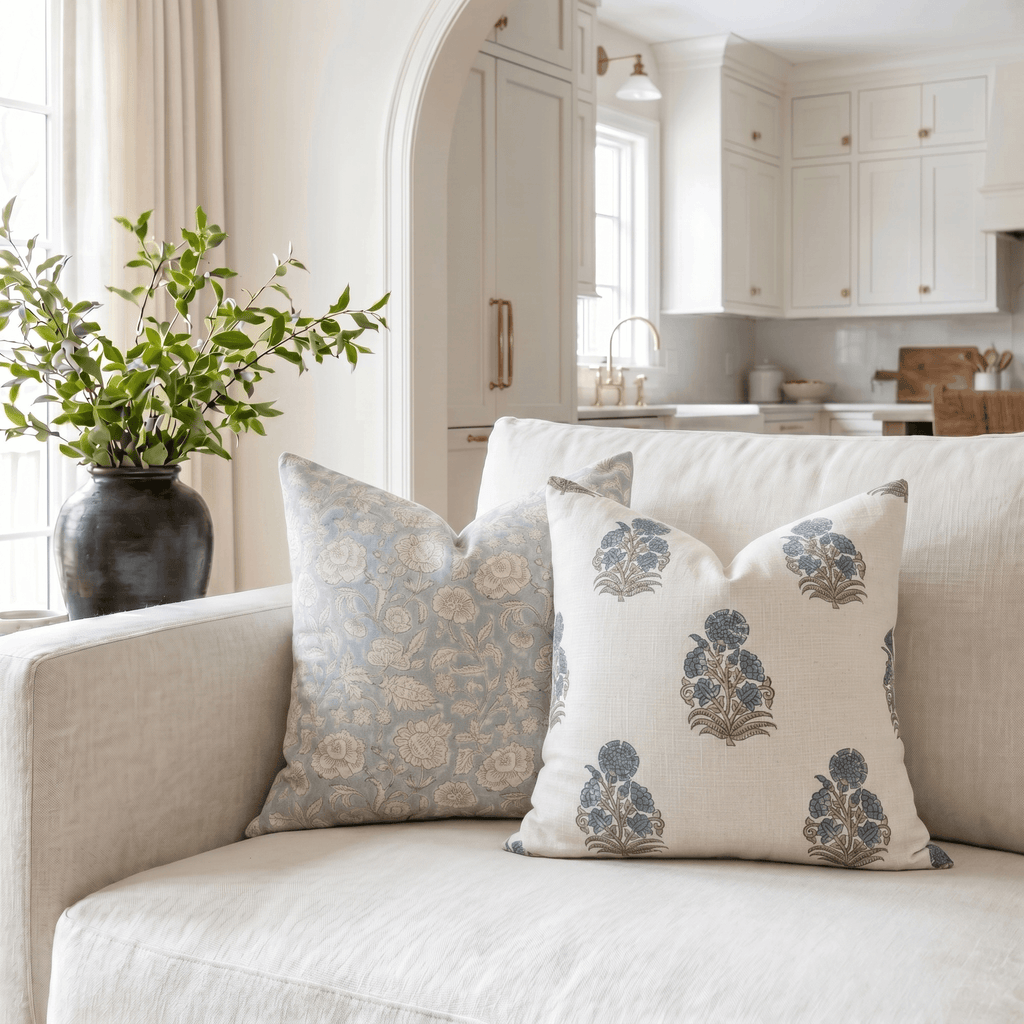 Etta Floral Block Printed Pillow Cover | Blue, Green