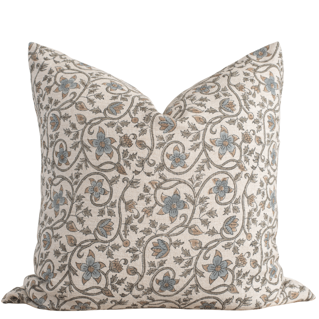 Juliette  Floral Block Printed Pillow Cover | Blue, Mustard