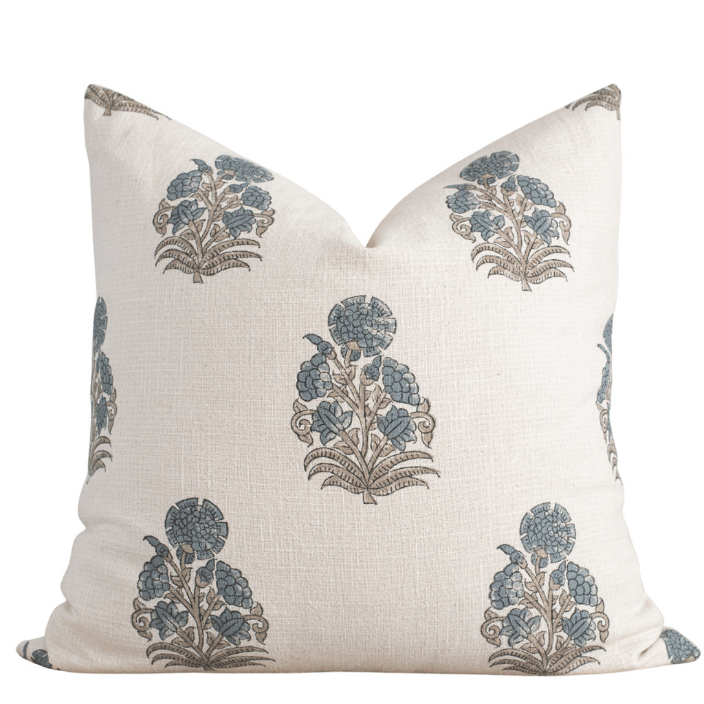 Etta Floral Block Printed Pillow Cover | Blue, Green
