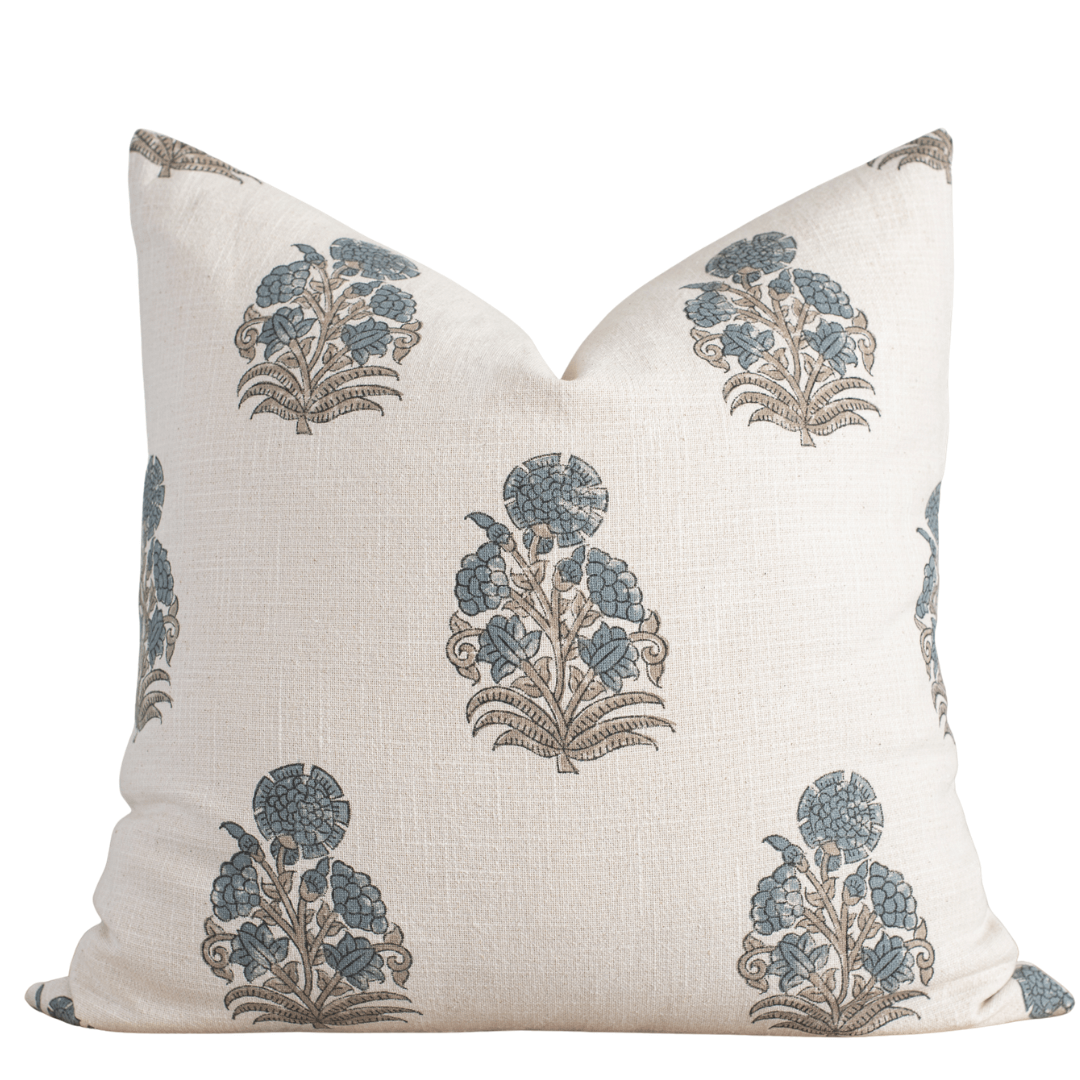 Etta Floral Block Printed Pillow Cover | Blue, Green