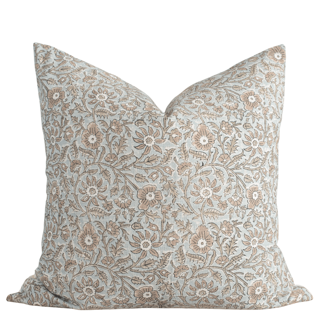 Milena Floral Block Printed Pillow Cover | Blue, Green, Light Brown