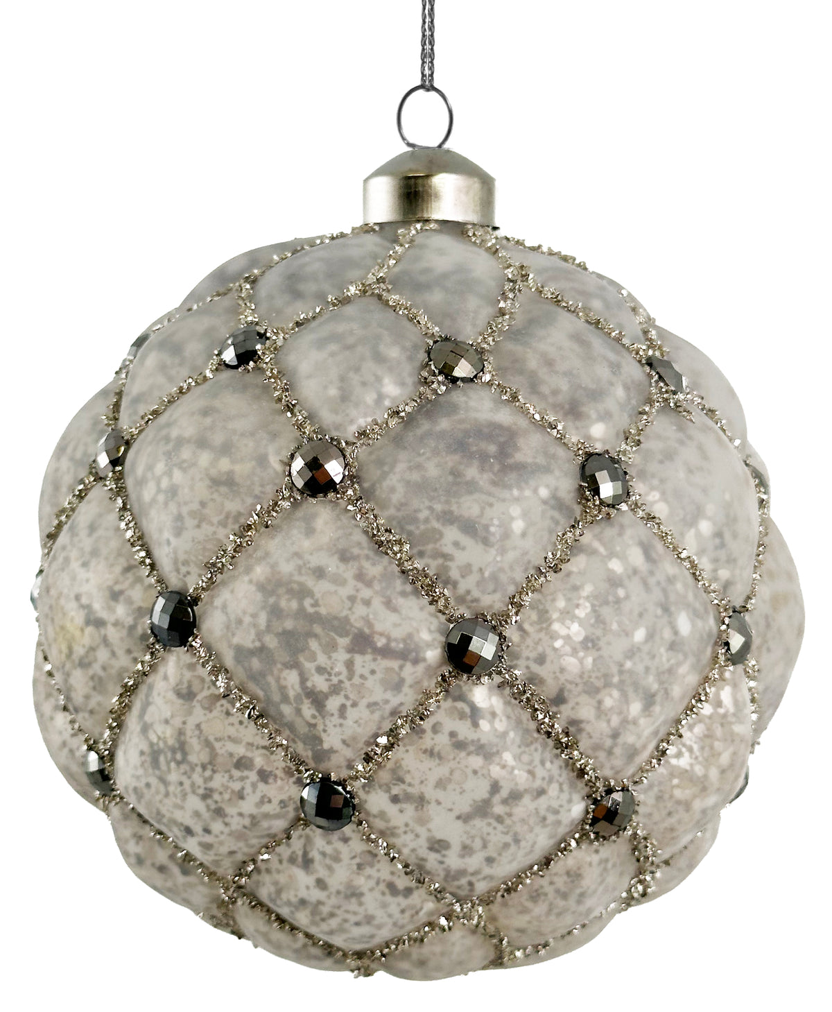 Embossed Lattice Silver Matte Glass Ball Ornament