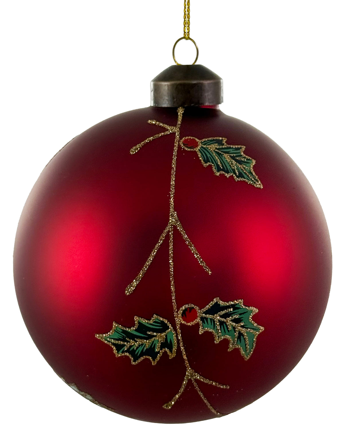Matte Red Glass Ornament with Glittered Holly
