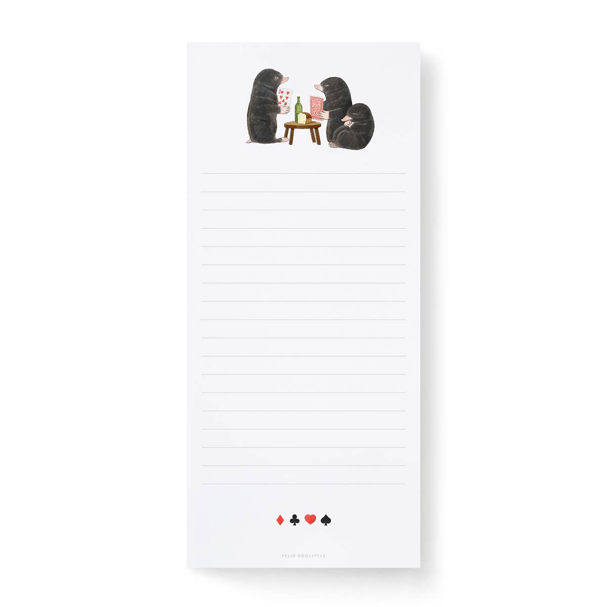 A tall white lined Felix Doolittle notepad with a small illustration of three moles sitting around a table playing cards at the top and small card suit icons along the bottom edge.