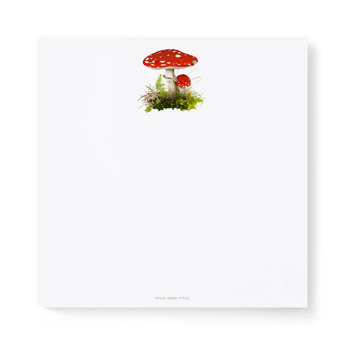 Felix Doolittle square notepad featuring two red mushrooms with white spots on a white background