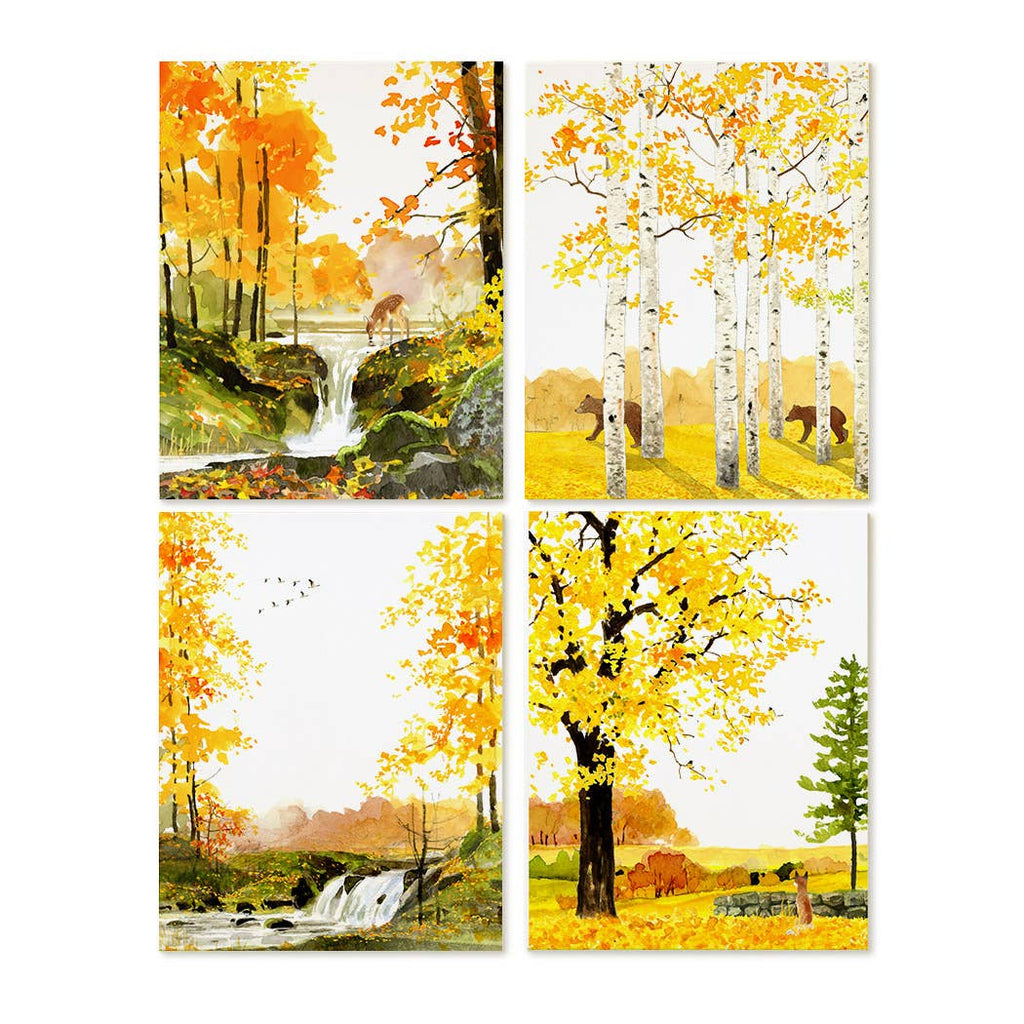 Set of four autumn-themed Felix Doolittle notecards with trees, landscapes, and animals on a white background.