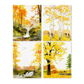 Set of four autumn-themed Felix Doolittle notecards with trees, landscapes, and animals on a white background.