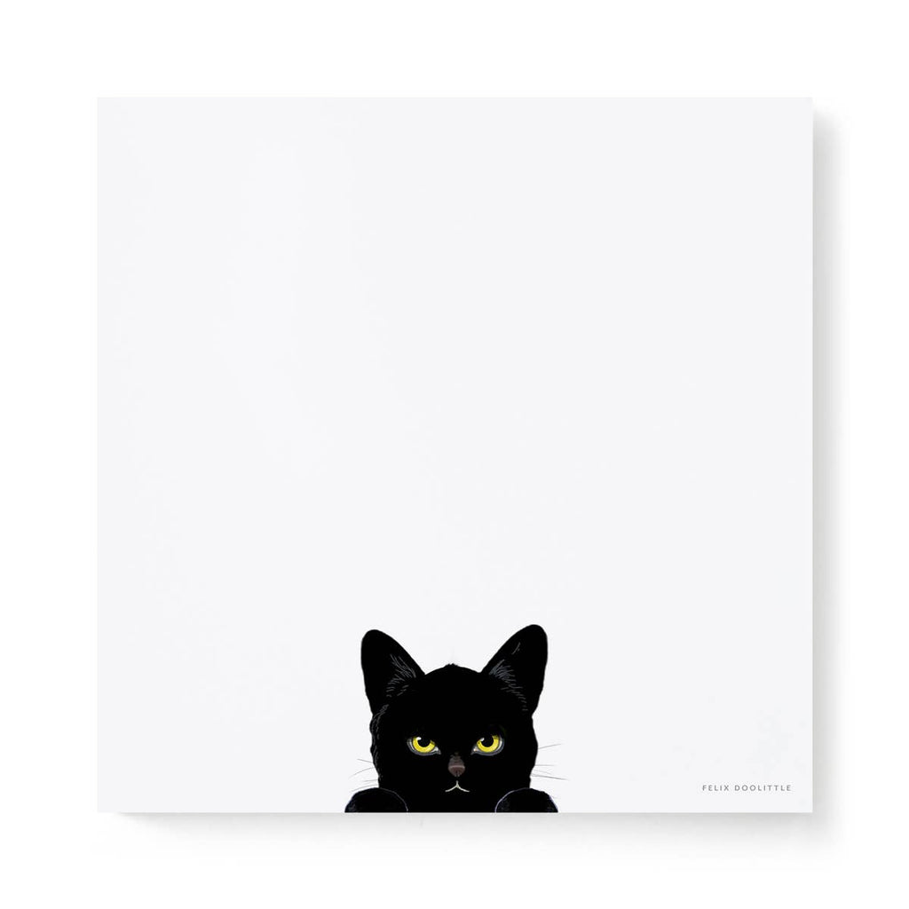 Felix Doolittle square notepad featuring a Black cat with yellow eyes peeking over the bottom of the pad on a white background