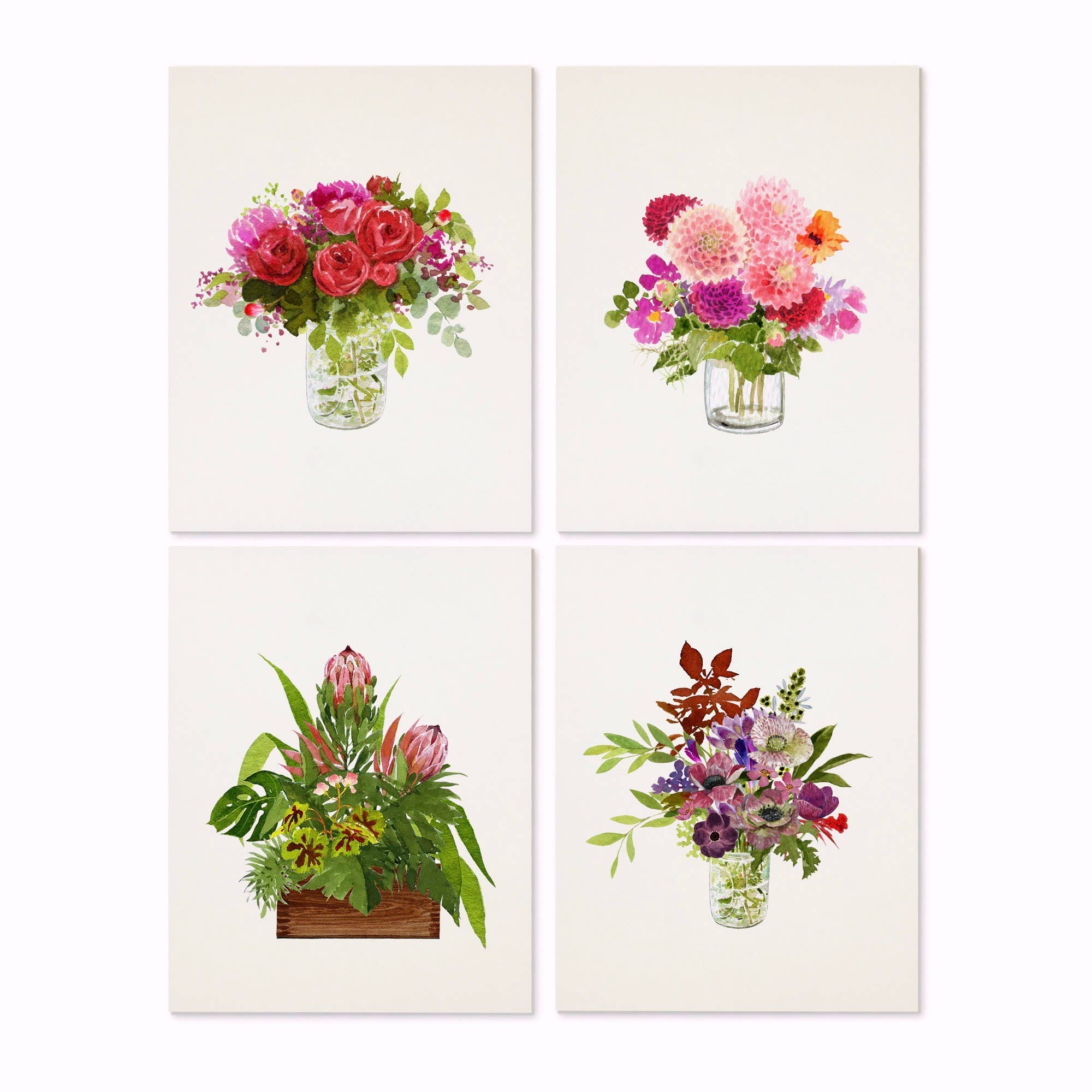 Felix Doolittle notecard set of 8 folded cards - 2 of each design. Includes: Autumn Dahlias, Red Bouquet, Farme's Bouquet, Protea Arrangement. 4.25 x 5.5 inches folded, printed on ultra-premium paper - lightly textures, acid-free, presented in a dove gray box with a clear window. Handmade in the USA
