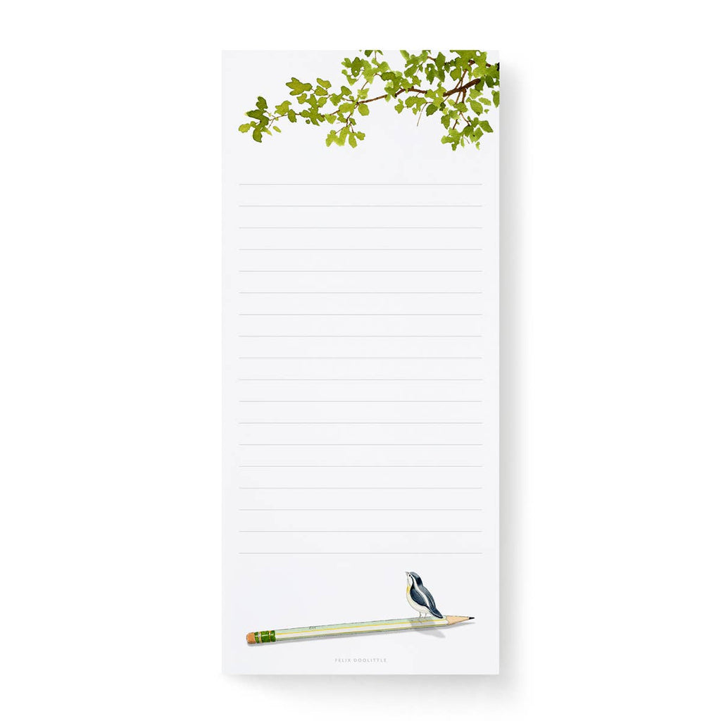 Felix Doolittle lined Notepad with a bird sitting on a pencil at the bottom and a branch with leaves framing the top on a white background