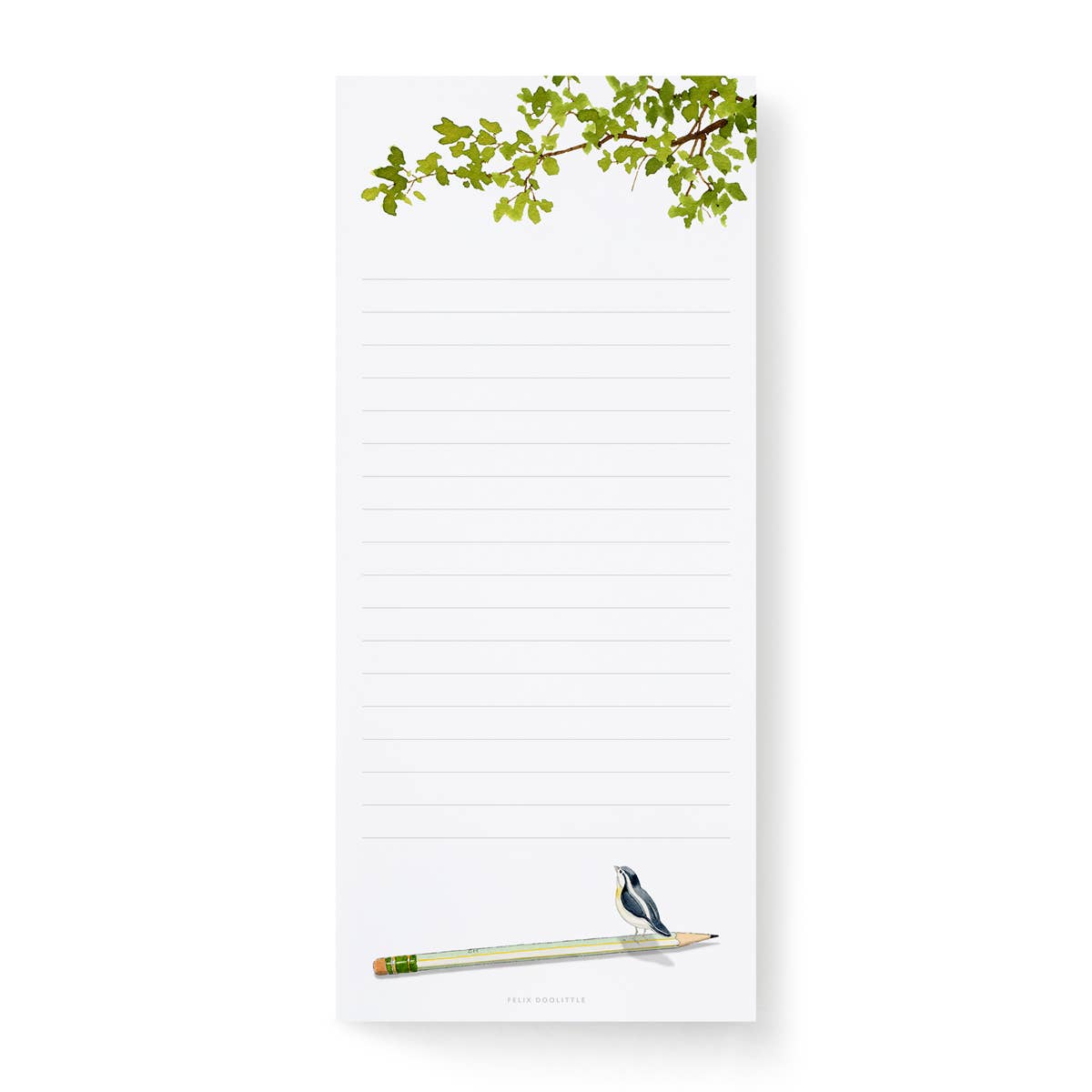 Felix Doolittle lined Notepad with a bird sitting on a pencil at the bottom and a branch with leaves framing the top on a white background