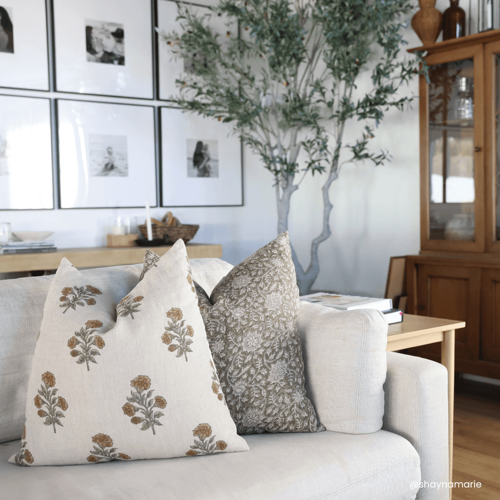 Leila Floral Block Printed Pillow Cover | Olive Green