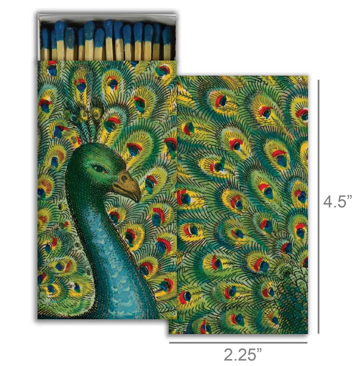 Matchbox with peacock design and dimensions displayed