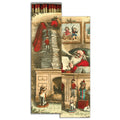 Vintage-style matchbox with illustrations of Santa Claus and his helpers.