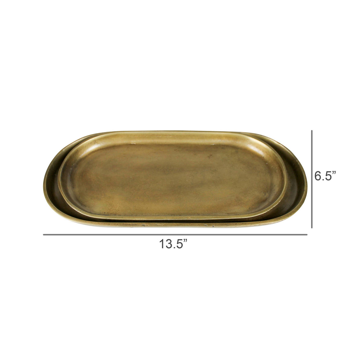Set of 2 Brass trays with dimensions on a white background