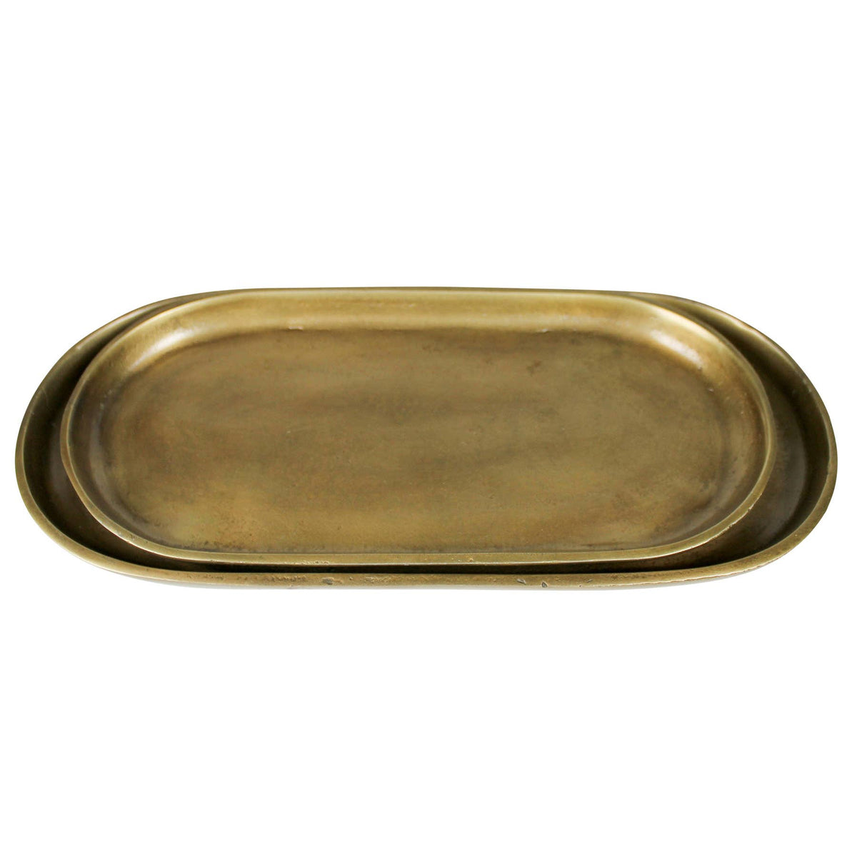 Set of 2 brass trays on a white background