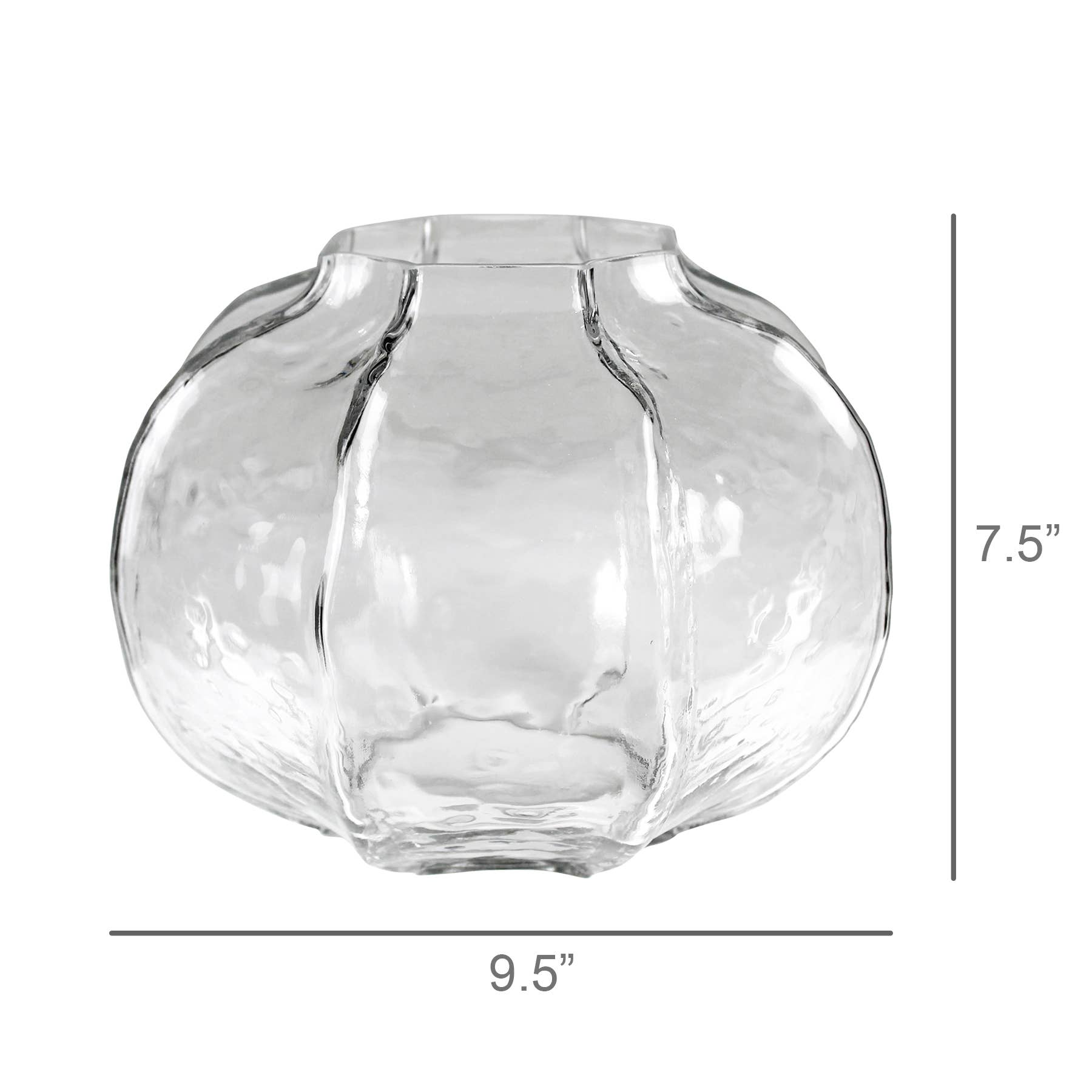 Clear glass vase with dimensions on a white background