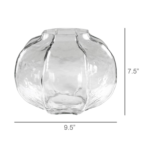 Clear glass vase with dimensions on a white background