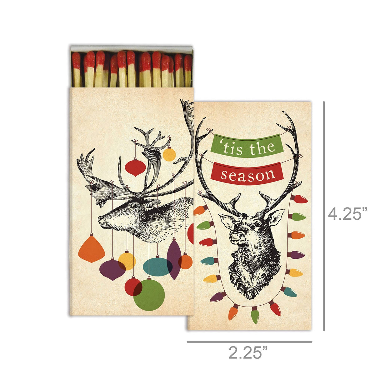 Matches with deer design and 'tis the season text on a beige background