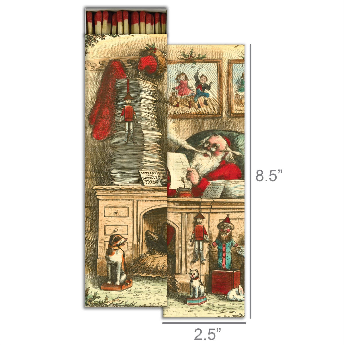 Matchbox with vintage-style illustration of Santa Claus and toys, dimensions 2.5" x 8.5".