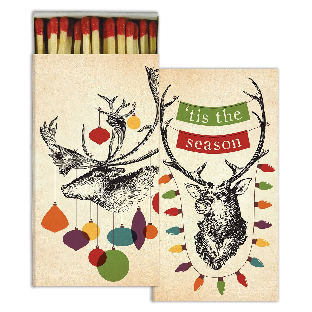 Matches with Christmas-themed design featuring deer and colorful ornaments on a beige background.