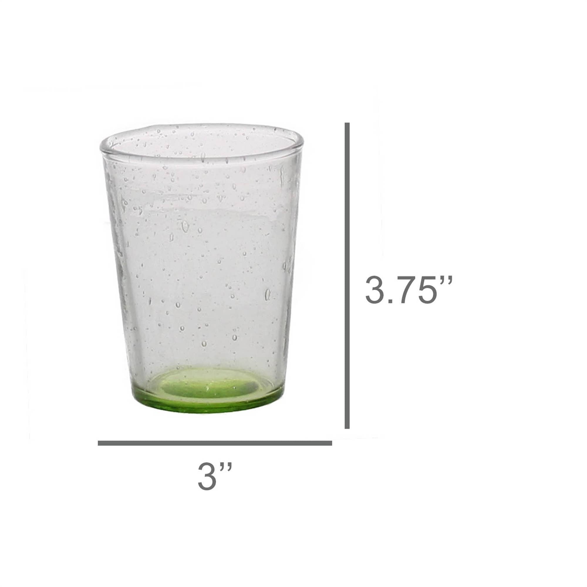 Clear green glass votive holder with measurements on a white background