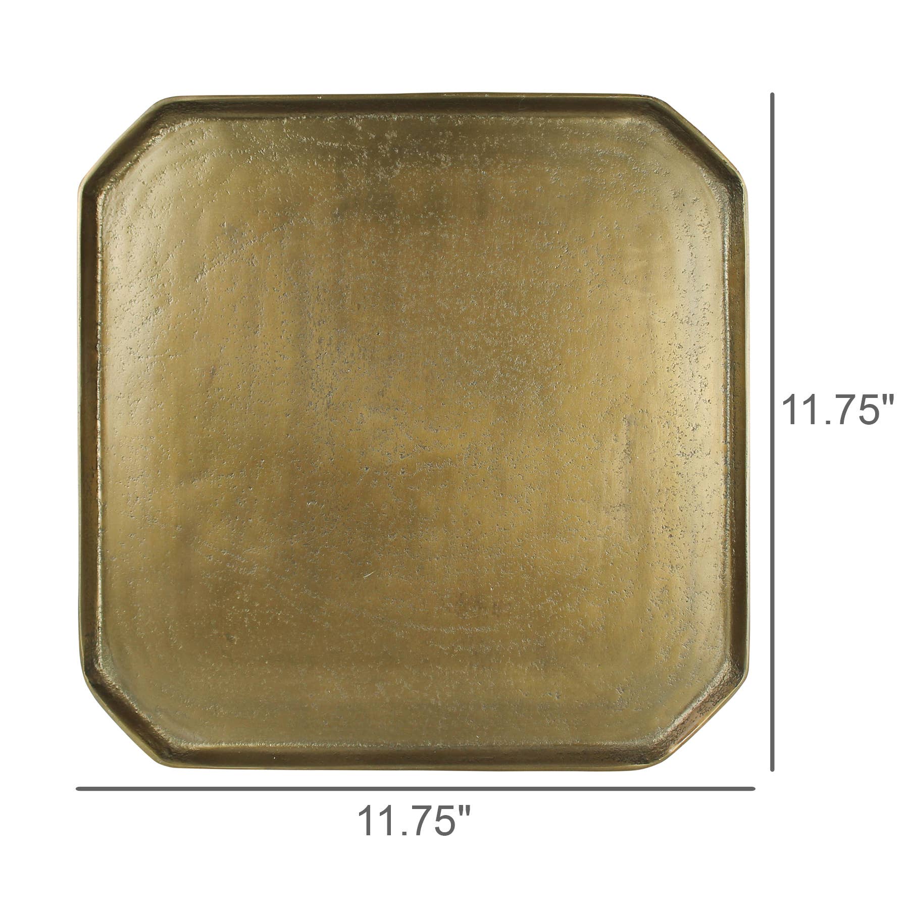 Brass square tray with dimensions on a white background