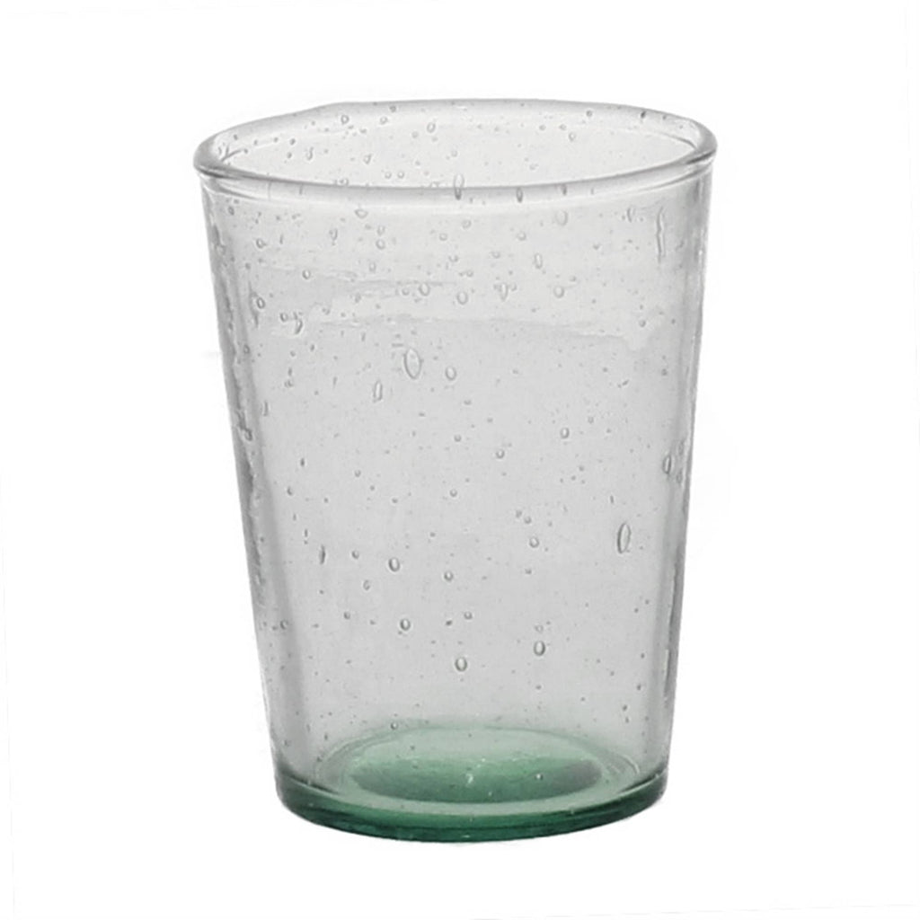 Green clear glass votive holder with bubble texture on a white background