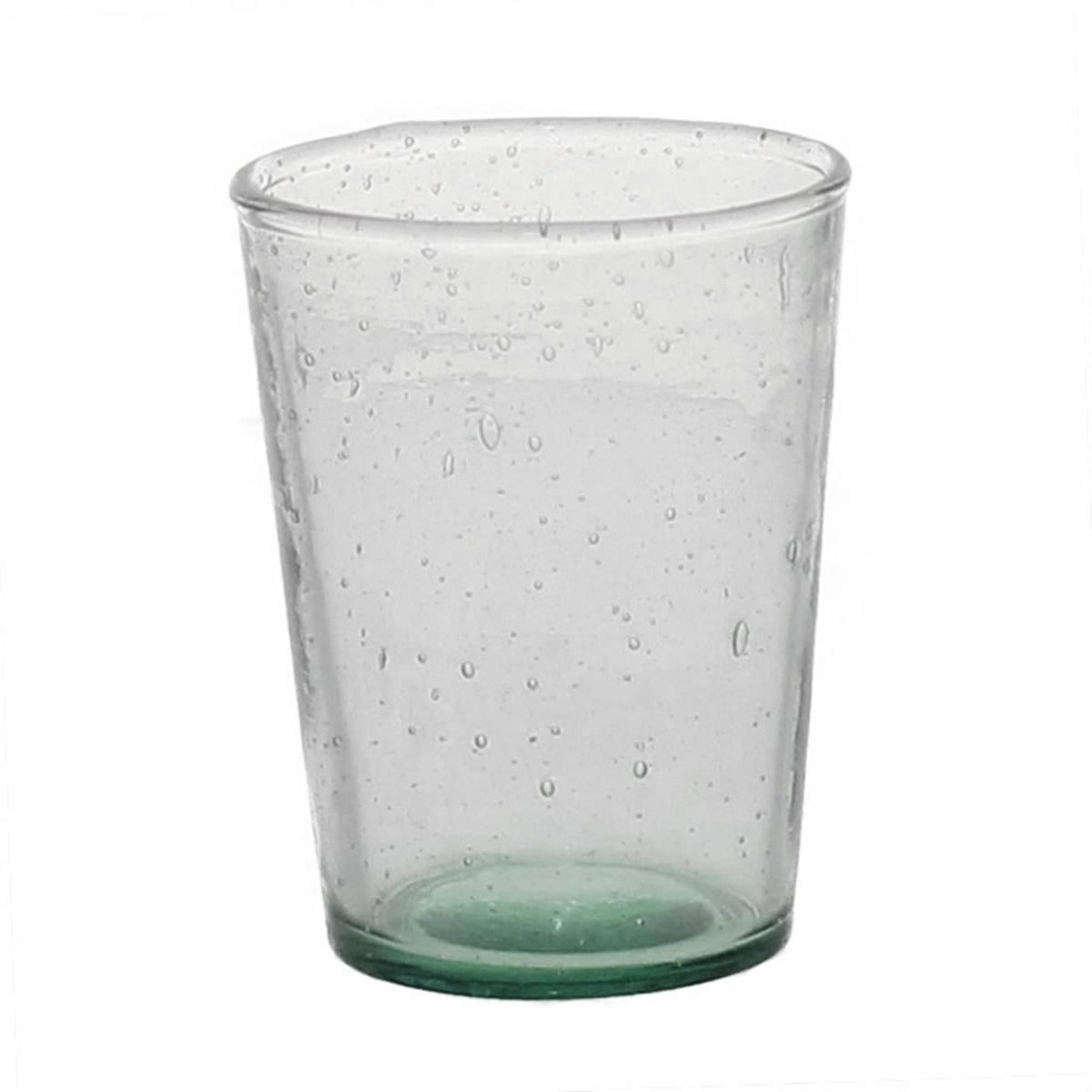 Green clear glass votive holder with bubble texture on a white background