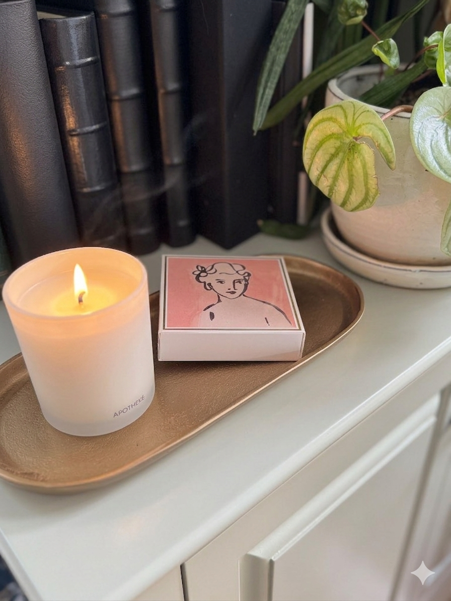 A lit Apotheke Grapefruit & Sea Salt candle and Archivist Divine pink square matchbox with a simple line drawing of a woman, placed on a brass tray on a white cabinet next to a potted plant.