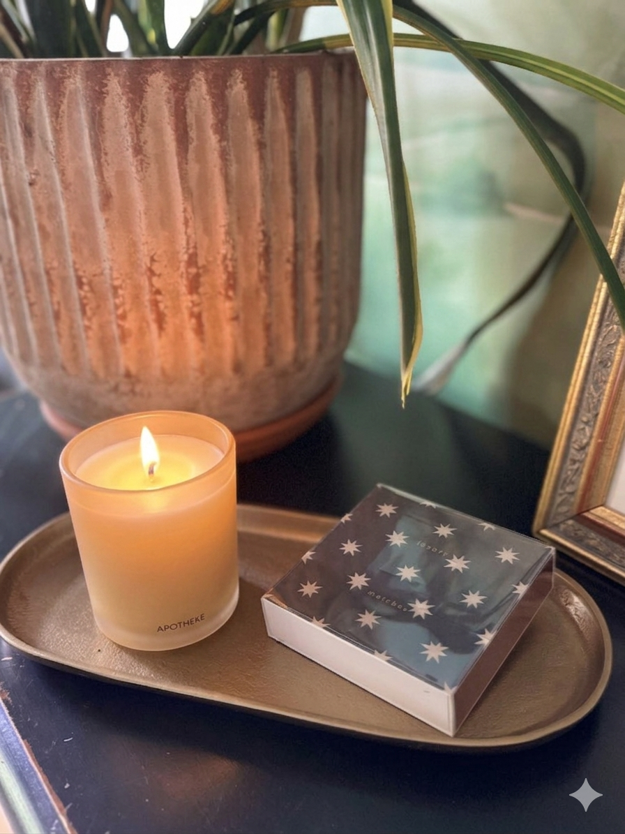 A lit amber Apotheke candle and an Archivist square matchbox with a blue star-patterned lid sit on a brass tray beside a large ribbed ceramic planter with green leaves.