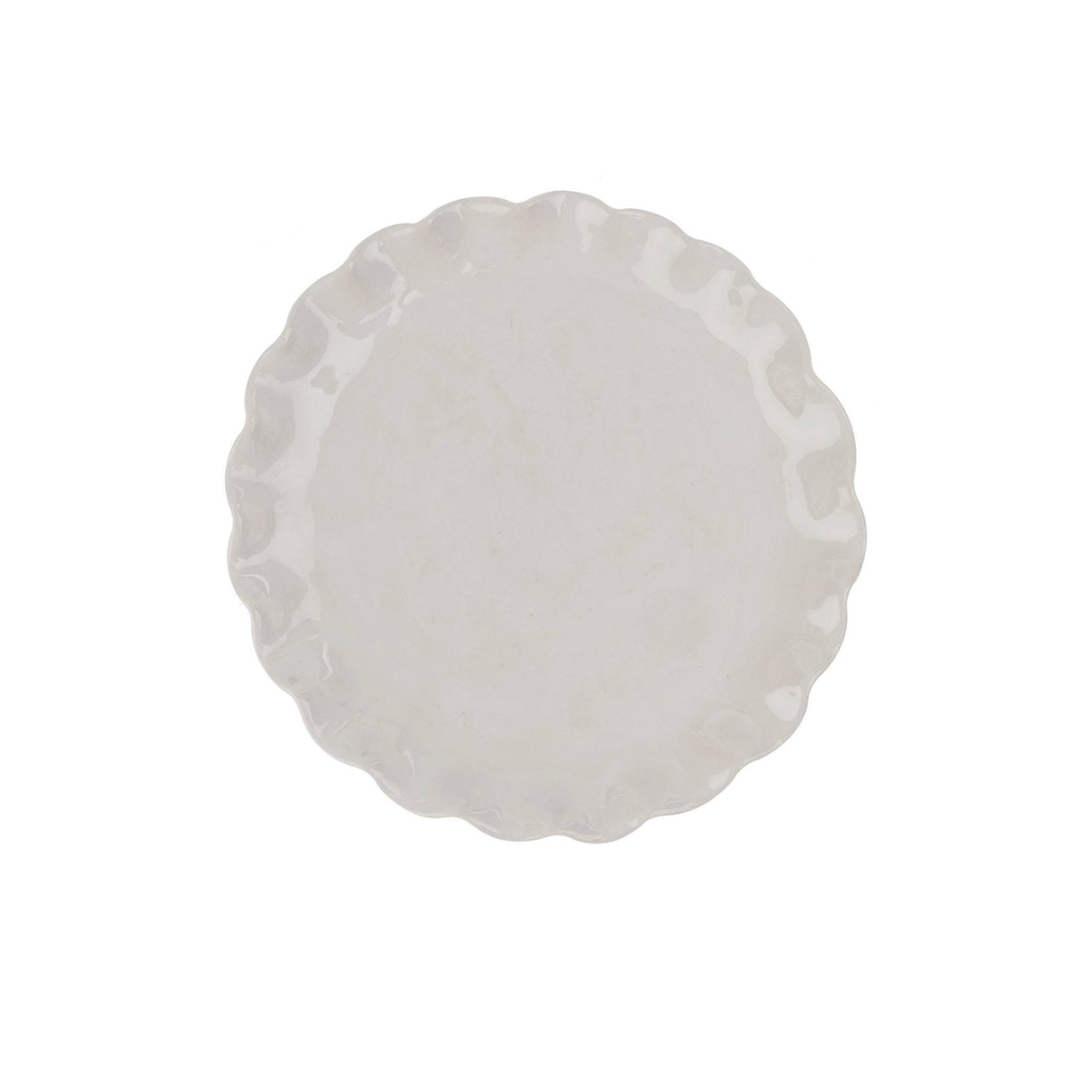 A round white ceramic Calypso plate with a scalloped rim, shown from a top-down view on a solid white background.