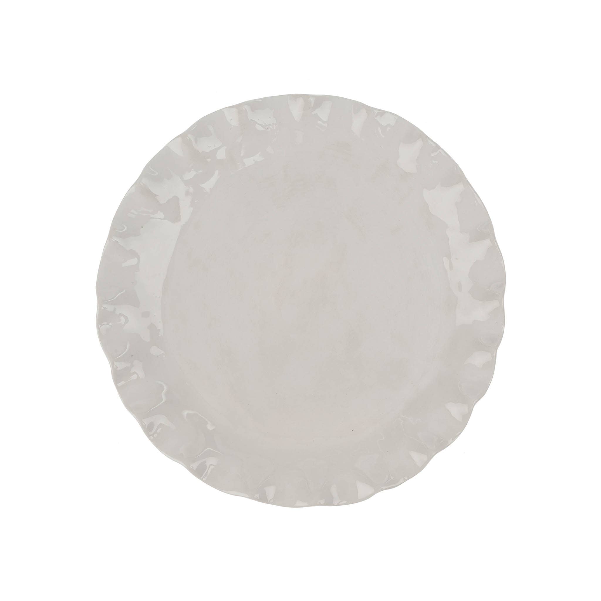 A round white Calypso plate with a scalloped, ruffled edge, shown from a top-down view on a solid white background.
