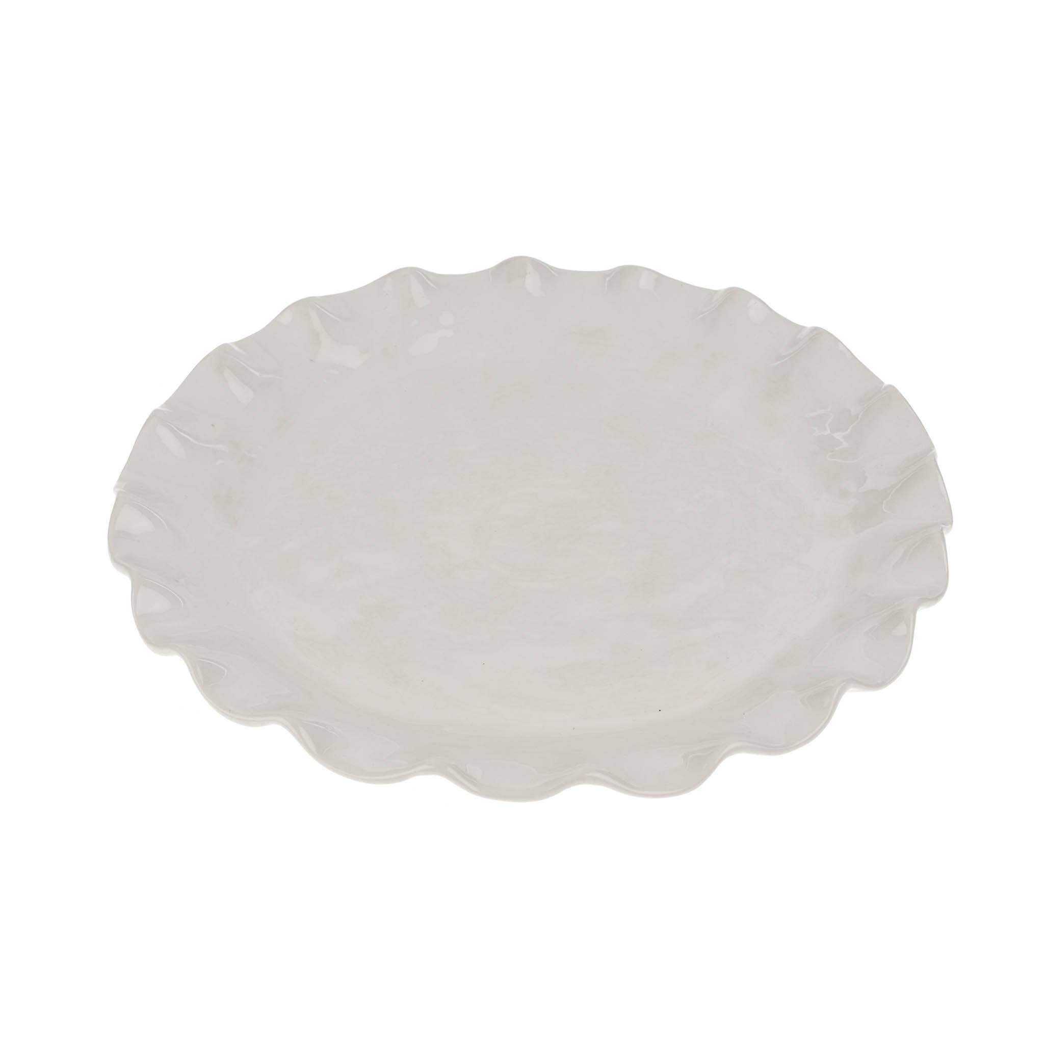 A white oval ceramic Calypso plate with a scalloped, ruffled edge, shown from a top-down view on a solid white background.