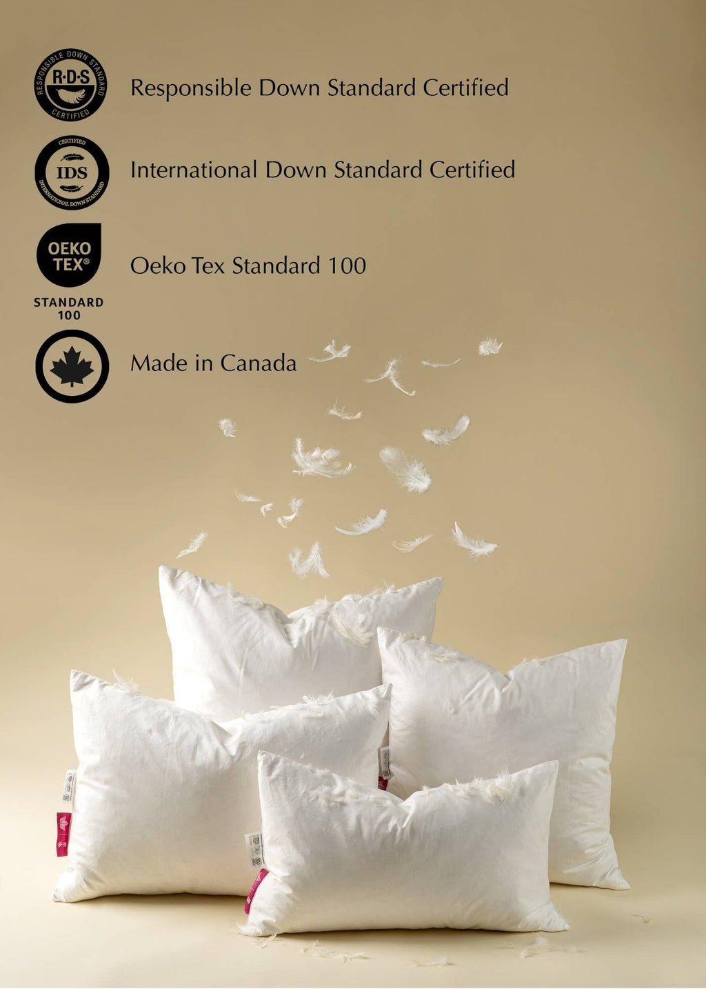 White pillows on a beige background with certification logos and text.